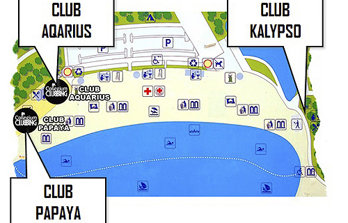 A Zrce strand térképe a szórakozóhelyekkel
